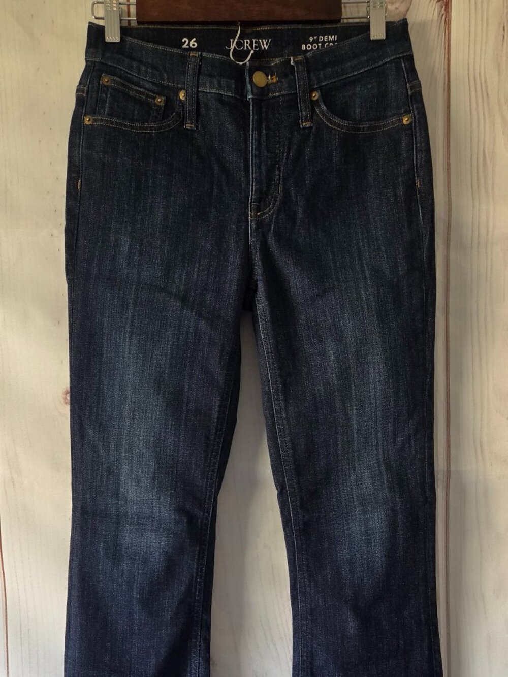 J. Crew 9” Demi-Boot Crop Jeans Women’s 26, Dark wash with frayed raw hem.